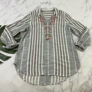 Soft Surroundings Embroidered Tunic Top Size M White Colorful Stripe Paisley